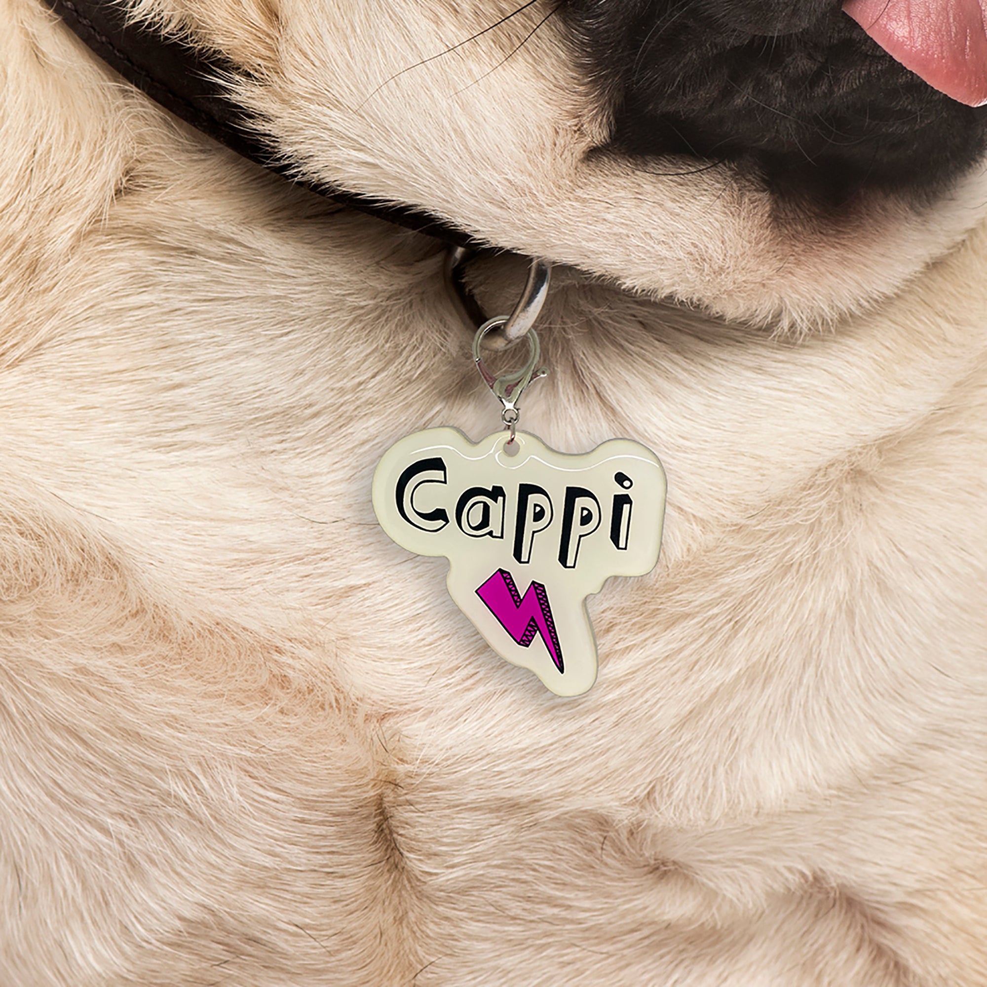 Linen + Magenta Lightning Bolt - 2x Tags Dog Name Tags by Bashtags