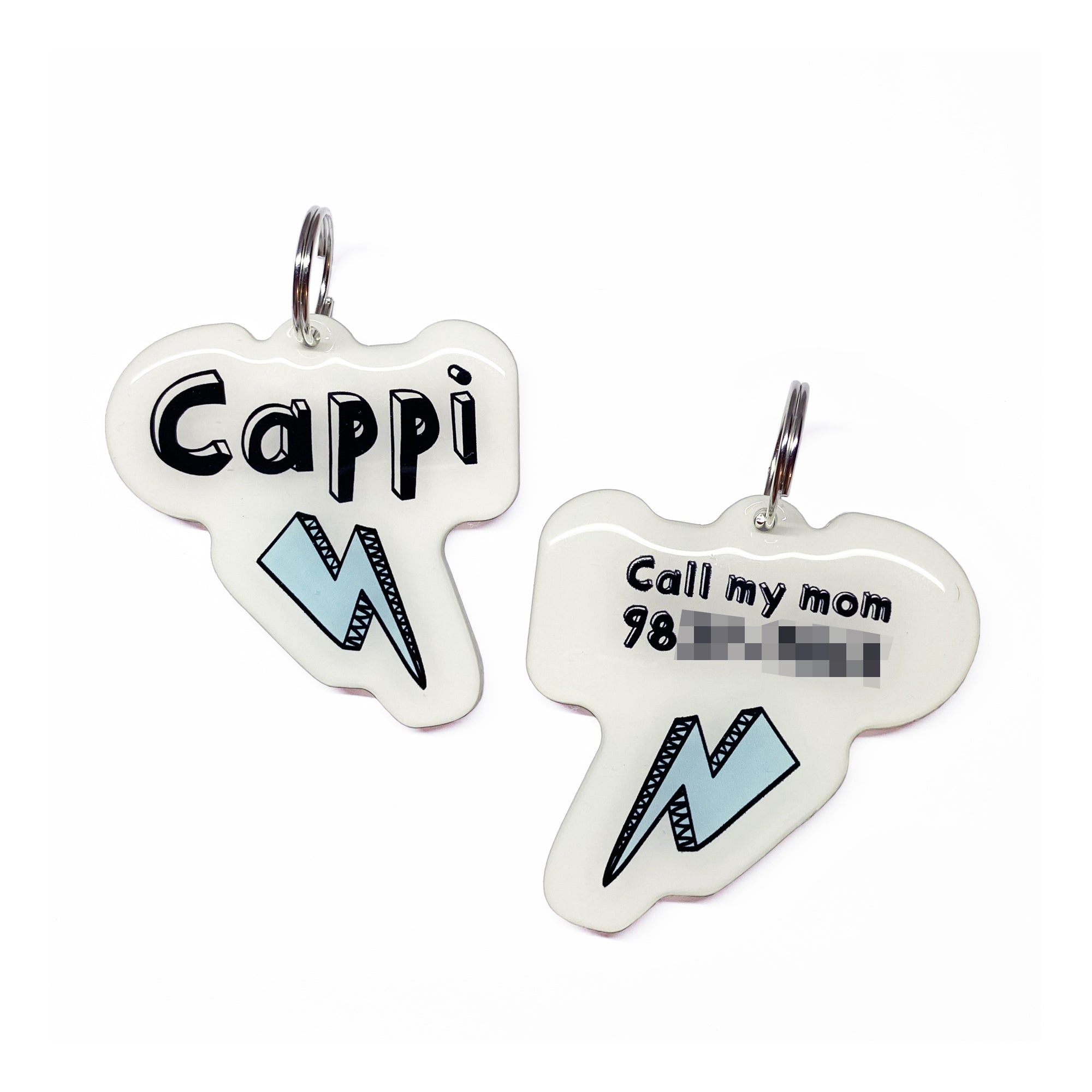 White + Baby Blue Lightning Bolt - 2x Tags Dog Name Tags by Bashtags