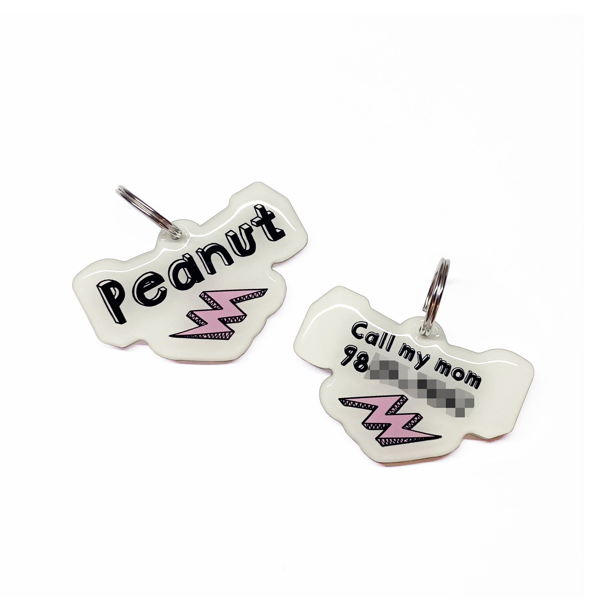 White + Baby Pink Lightning Bolt - 2x Tags Dog Name Tags by Bashtags