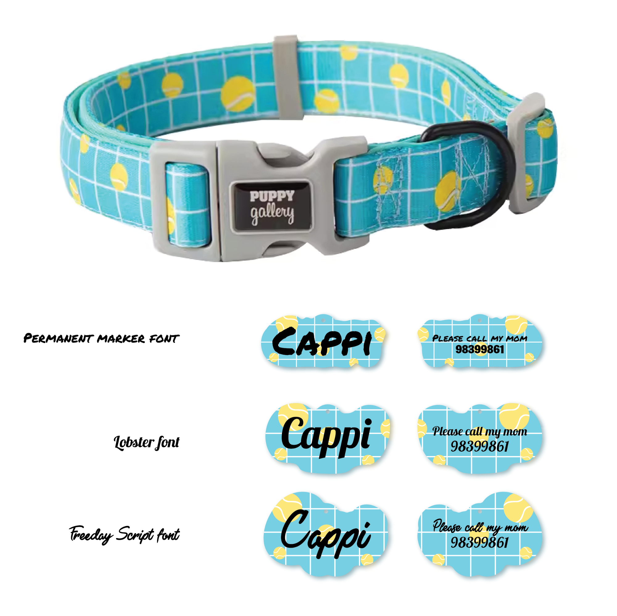 Puppy Gallery Tennis (for medium-large dogs) Collar/Leash Dog Name Tags by Bashtags