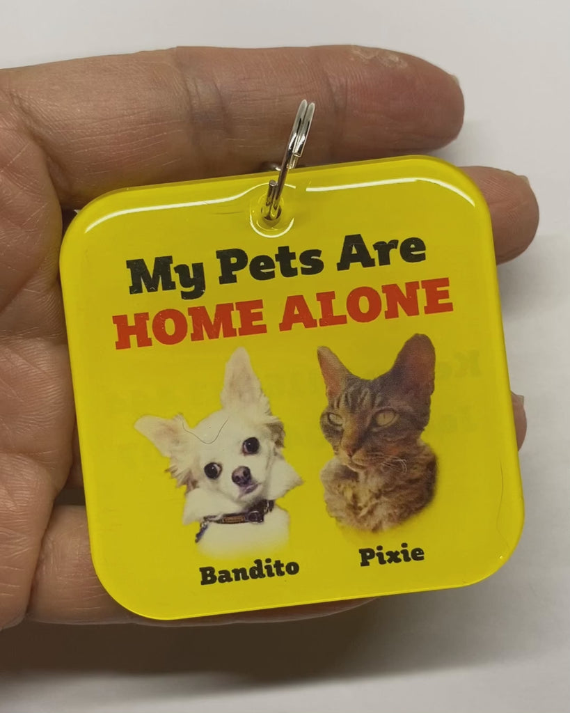 My Pet Is Home Alone Alert Keychain, Emergency Pet Keyring Tag, Emergency Contact Keychain Long Rectangular Tag