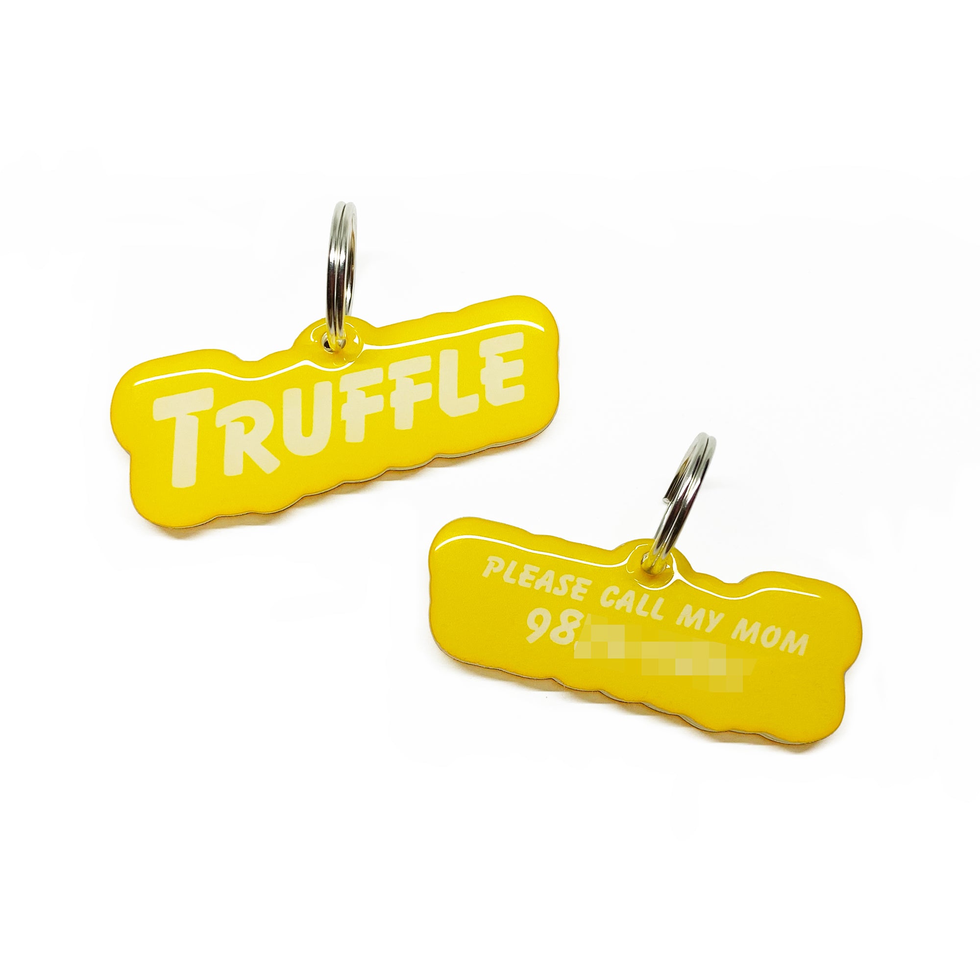 Golden Yellow Goofy Font (White Lettering) - 2x Tags Dog Name Tags by Bashtags