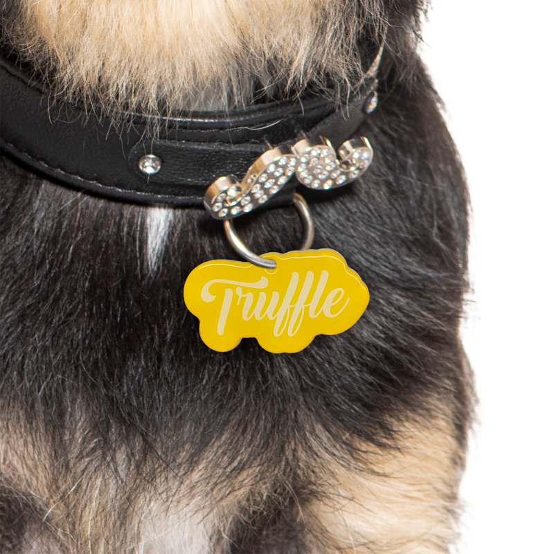 Golden Yellow Love-Script Font Pet ID Tag (White Lettering) by Bashtags